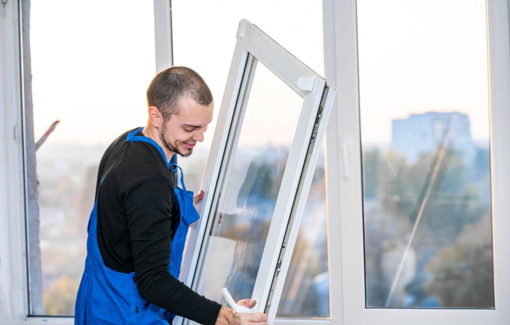 Homme vérifiant la sécurité d'une fenêtre en aluminium