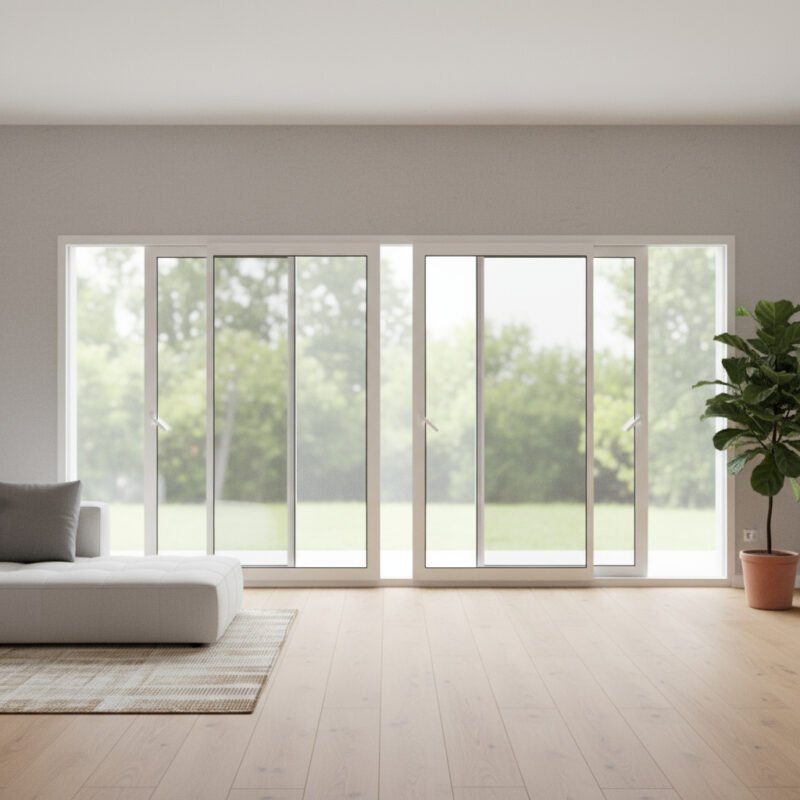 Baie vitrée coulissante PVC 4 vantaux – 2 rails ouverte dans un décore Baie vitrée coulissante PVC 4 vantaux – 2 rails ouverte dans un décore