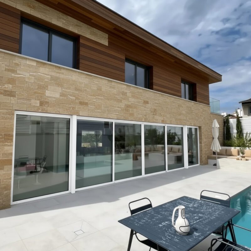 Baie vitrée coulissante PVC 6 vantaux – 3 rails dans un décore Baie vitrée coulissante PVC 6 vantaux – 3 rails dans un décore