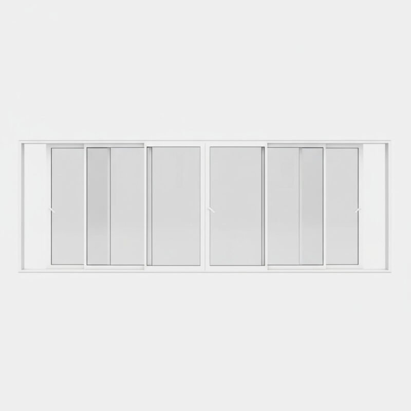 Baie vitrée coulissante PVC 6 vantaux – 3 rails ouvert Baie vitrée coulissante PVC 6 vantaux – 3 rails ouvert