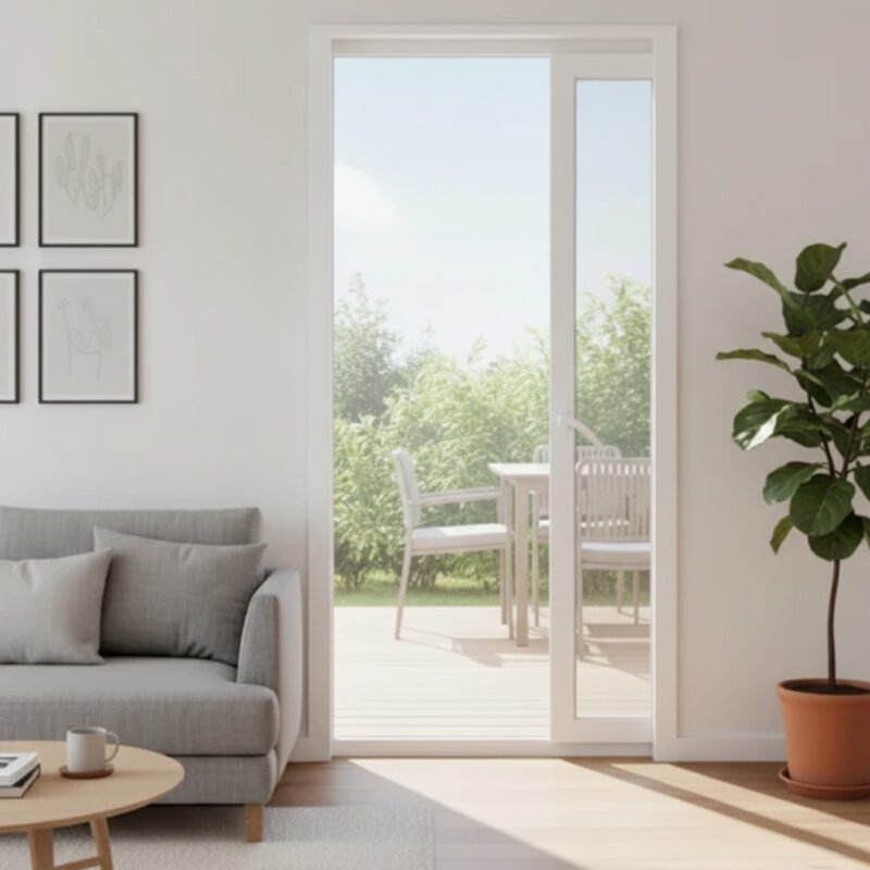 Baie vitrée coulissante à galandage PVC 2 vantaux – 2 rails dans un décore