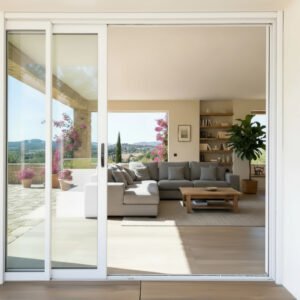 Baie vitrée coulissante à galandage PVC 4 vantaux – 2 rails décore