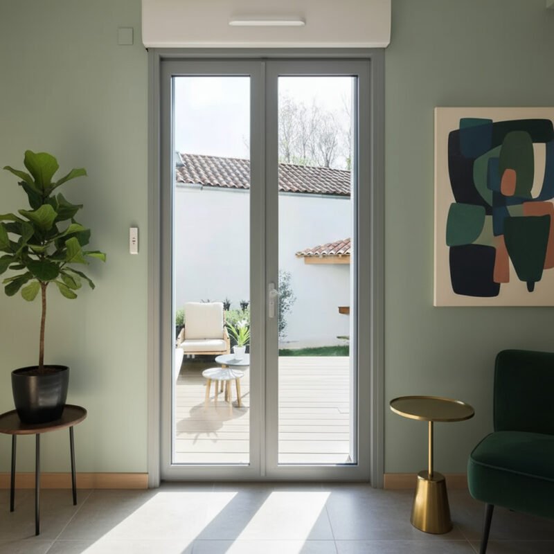 Baie vitrée coulissante à galandage aluminium 1 vantail – 1 rail fermé dans un décore Baie vitrée coulissante à galandage aluminium gamme Schüco ASS 41 SC 2 vantaux – 1 rail