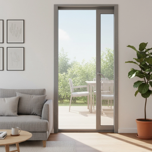 Baie vitrée coulissante à galandage aluminium 1 vantail – 1 rail ouverte dans decore