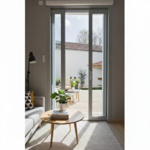 Baie vitrée coulissante à galandage aluminium 1 vantail – 1 rail ouverte dans un décore