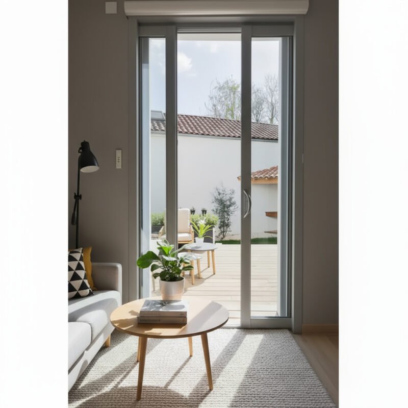 Baie vitrée coulissante à galandage aluminium 1 vantail – 1 rail ouverte dans un décore