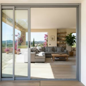 Baie vitrée coulissante à galandage aluminium 4 vantaux – 2 rails dans un décore