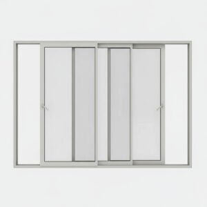 Baie vitrée coulissante aluminium 3 vantaux – 3 rails ouverte Baie vitrée coulissante aluminium 3 vantaux – 3 rails ouverte
