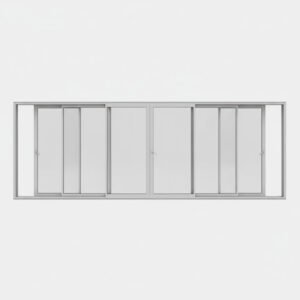 Baie vitrée coulissante aluminium 6 vantaux – 3 rails ouverte Baie vitrée coulissante aluminium 6 vantaux – 3 rails ouverte