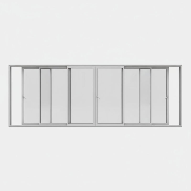 Baie vitrée coulissante aluminium 6 vantaux – 3 rails ouverte Baie vitrée coulissante aluminium 6 vantaux – 3 rails ouverte