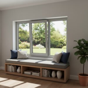 Fenêtre Aluminium 1 vantail + 2 fixes – ouverture oscillo-battante dans décore