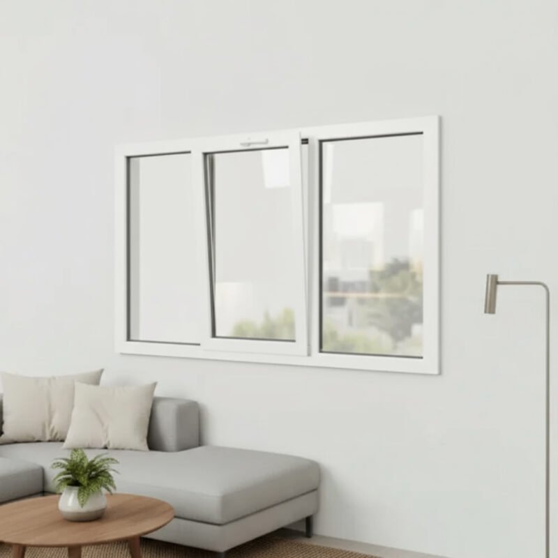 Fenêtre PVC 1 vantail + 2 fixes – soufflet décore