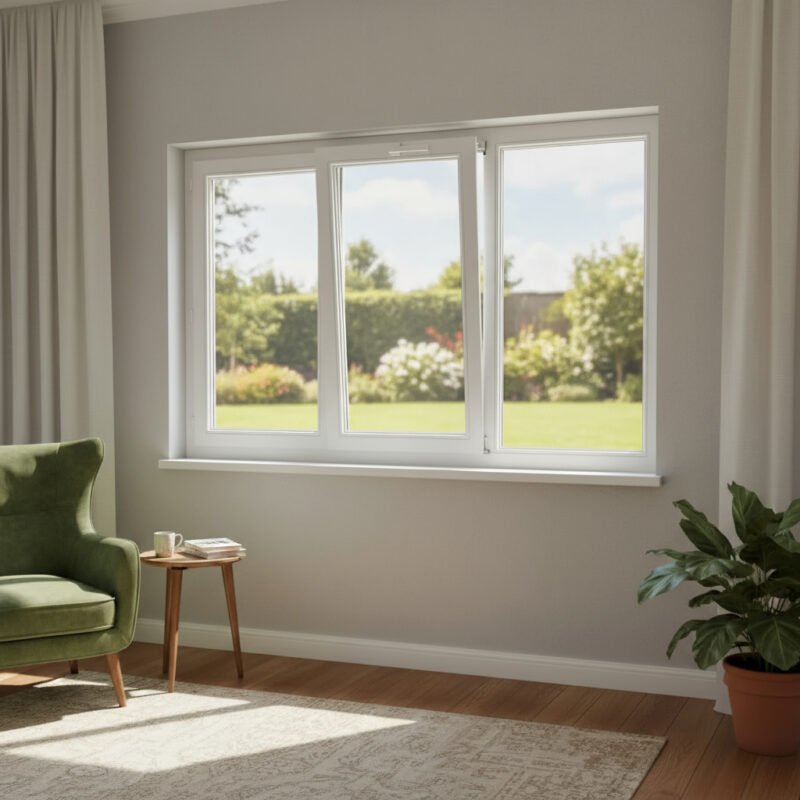 Fenêtre PVC 2 vantaux + 1 fixe – soufflet decore Fenêtre PVC 2 vantaux + 1 fixe – soufflet décore