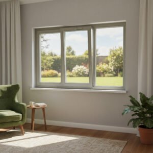 Fenêtre alu 2 vantaux + 1 fixe – soufflet décore