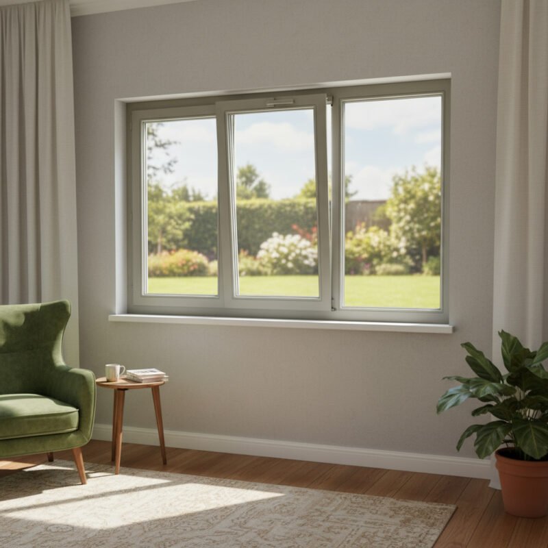 Fenêtre alu 2 vantaux + 1 fixe – soufflet décore