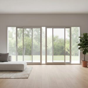 Fenêtre coulissante aluminium 4 vantaux – 2 rails dans un décore Fenêtre coulissante aluminium 4 vantaux – 2 rails dans un décore