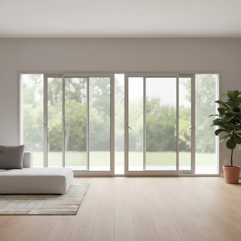 Fenêtre coulissante aluminium 4 vantaux – 2 rails dans un décore Fenêtre coulissante aluminium 4 vantaux – 2 rails dans un décore