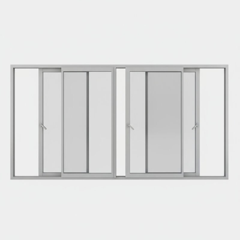Fenêtre coulissante aluminium 4 vantaux – 2 rails ouverte Fenêtre coulissante aluminium 4 vantaux – 2 rails ouverte