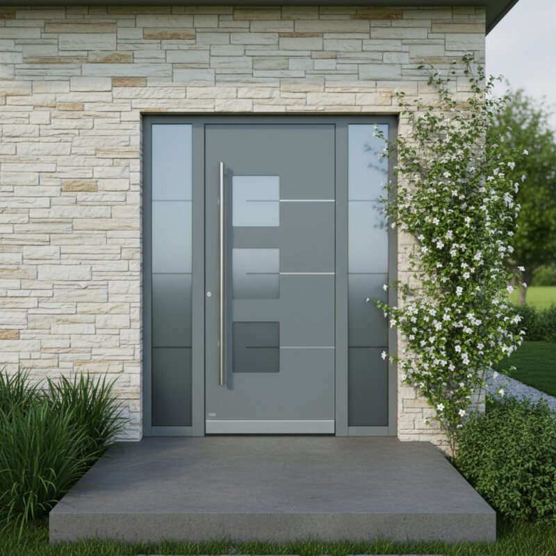 Porte d’entrée aluminium 1 vantail + 2 tierces dans un décore Porte d’entrée aluminium 1 vantail + 2 tierces dans un décore