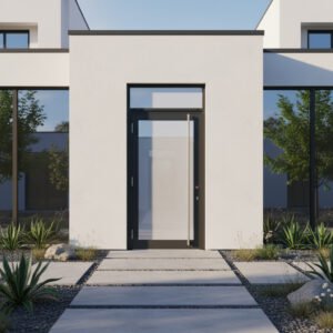 Porte d’entrée aluminium 1 vantail + imposte dans un décore Porte d’entrée aluminium 1 vantail + imposte dans un décore