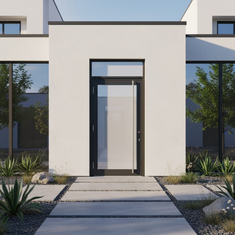 Porte d’entrée aluminium 1 vantail + imposte dans un décore Porte d’entrée aluminium 1 vantail + imposte dans un décore