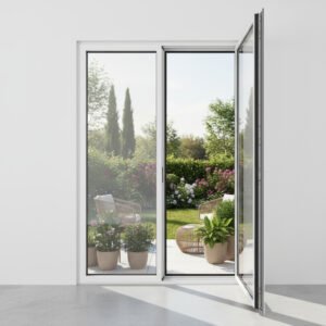 Porte-fenêtre PVC 1 vantail + 1 fixe – ouverture à la française dans un décore