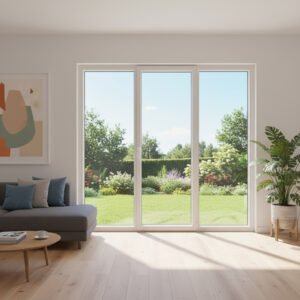 Porte-fenêtre PVC 1 vantail + 2 fixes – ouverture à la française dans un décore