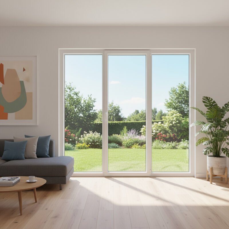 Porte-fenêtre PVC 1 vantail + 2 fixes – ouverture à la française dans un décore