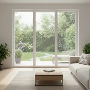 Porte-fenêtre PVC 1 vantail + 2 fixes – ouverture oscillo-battante dans un décore