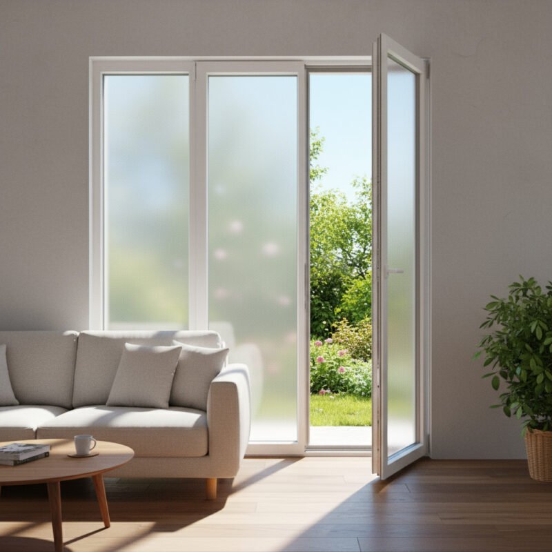 Porte-fenêtre PVC 2 vantaux + 1 fixe – ouverture à la française dans un décore