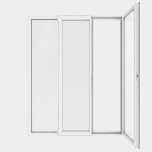 Porte-fenêtre PVC 2 vantaux + 1 fixe – ouverture à la française ouverte