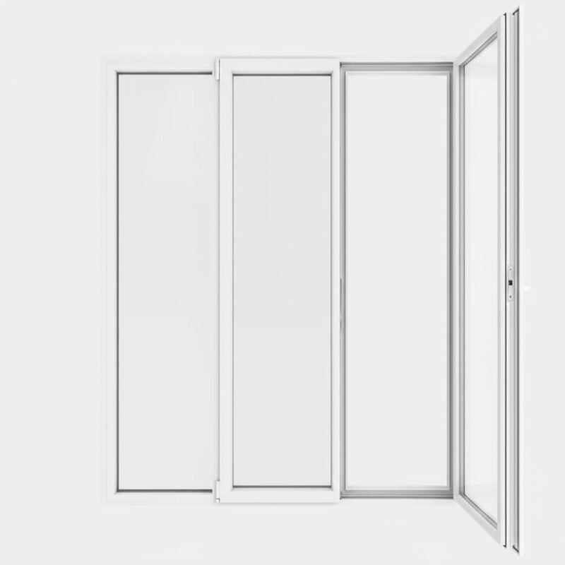 Porte-fenêtre PVC 2 vantaux + 1 fixe – ouverture à la française ouverte