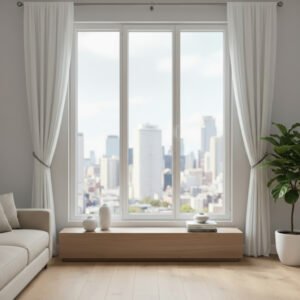 Porte-fenêtre PVC 2 vantaux + 1 fixe – ouverture oscillo-battante dans un décore