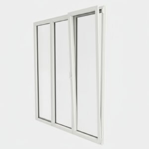Porte-fenêtre PVC 2 vantaux + 1 fixe – ouverture oscillo-battante ouverte