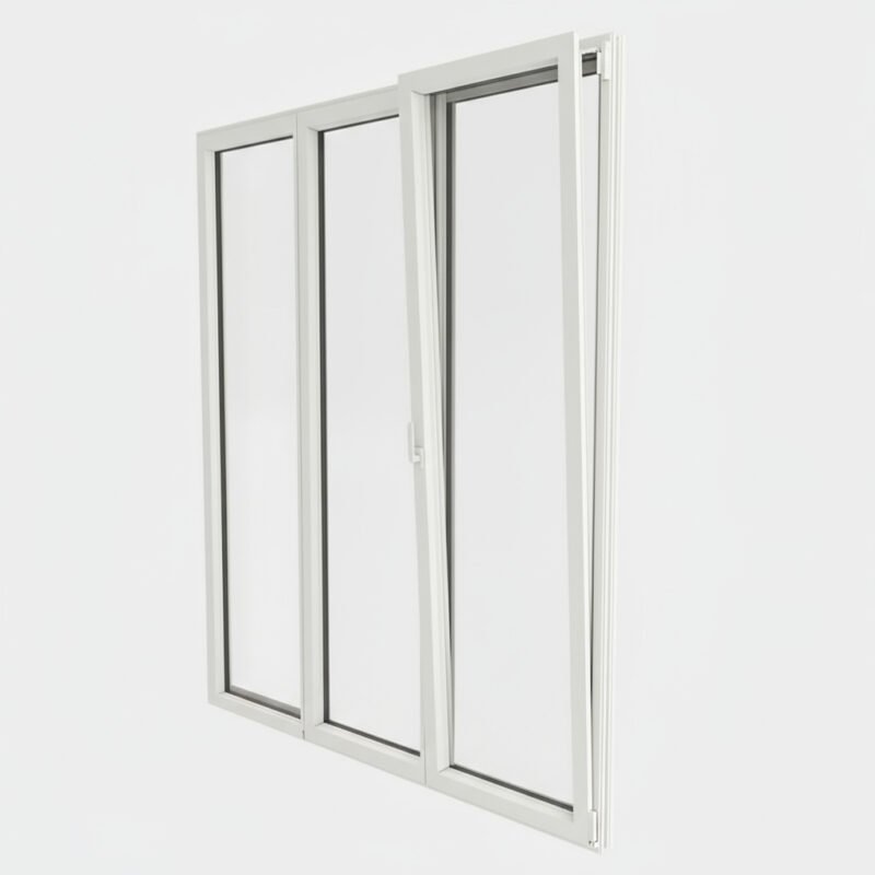 Porte-fenêtre PVC 2 vantaux + 1 fixe – ouverture oscillo-battante ouverte