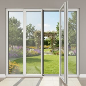 Porte-fenêtre PVC 2 vantaux + 2 fixes – ouverture à la française dans un décore