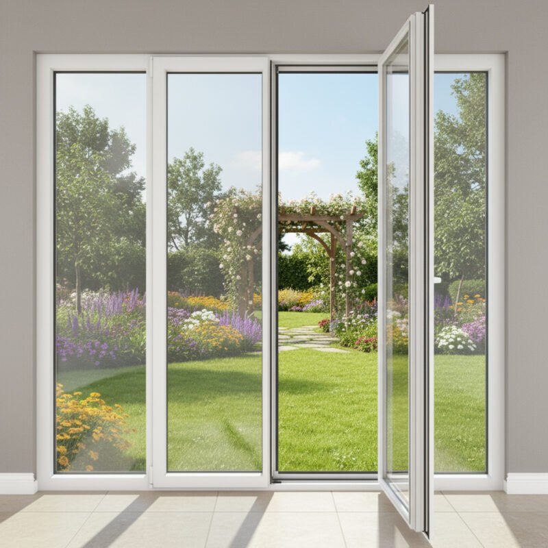 Porte-fenêtre PVC 2 vantaux + 2 fixes – ouverture à la française dans un décore