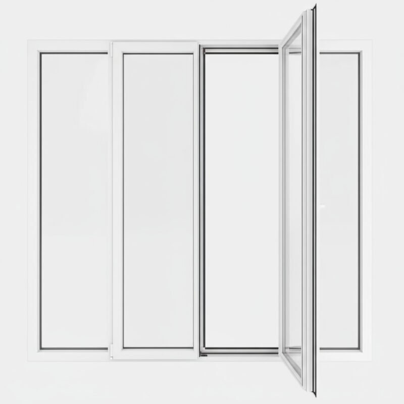 Porte-fenêtre PVC 2 vantaux + 2 fixes – ouverture à la française ouverte