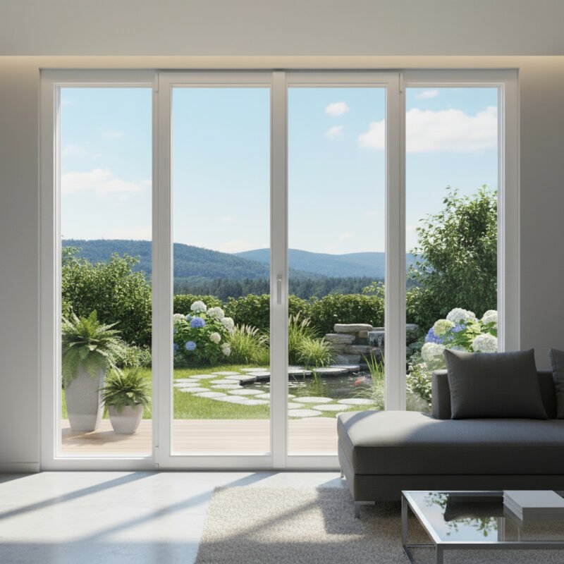 Porte-fenêtre PVC 2 vantaux + 2 fixes – ouverture oscillo-battante dans un décore