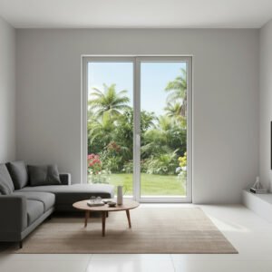 Porte-fenêtre alu 1 vantail + 1 fixe – ouverture à la française dans un décore réaliste