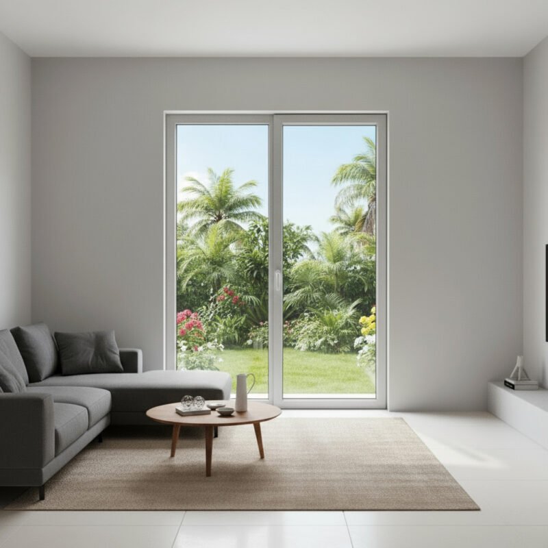 Porte-fenêtre alu 1 vantail + 1 fixe – ouverture à la française dans un décore réaliste