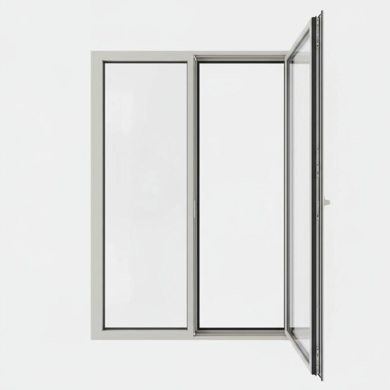 Porte-fenêtre alu 1 vantail + 1 fixe – ouverture à la française ouverte