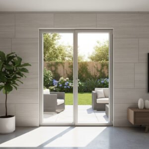 Porte-fenêtre alu 1 vantail + 1 fixe – ouverture oscillo-battante dans un décore