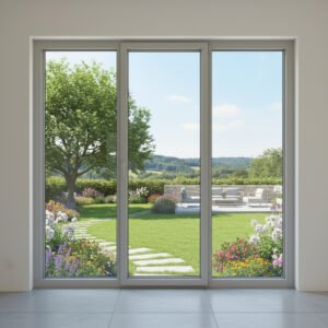 Porte-fenêtre alu 1 vantail + 2 fixes – ouverture à la française dans un décore Porte-fenêtre alu 1 vantail + 2 fixes – ouverture à la française dans un décore