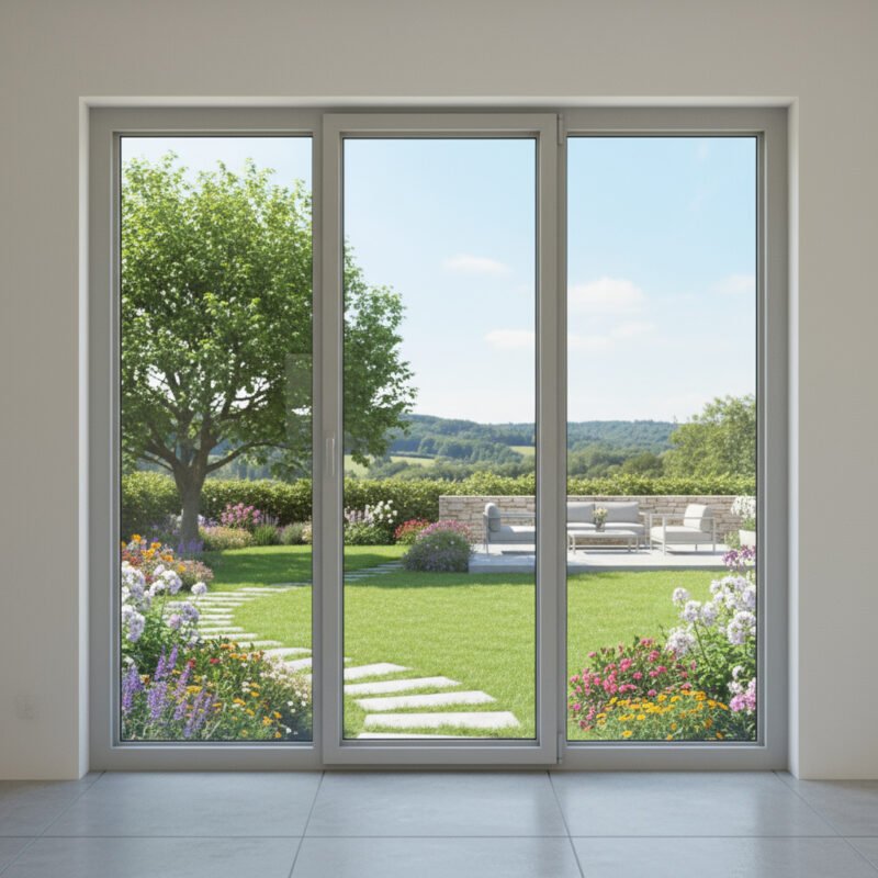 Porte-fenêtre alu 1 vantail + 2 fixes – ouverture à la française dans un décore Porte-fenêtre alu 1 vantail + 2 fixes – ouverture à la française dans un décore