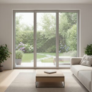 Porte-fenêtre alu 1 vantail + 2 fixes – ouverture oscillo-battante dans un décore