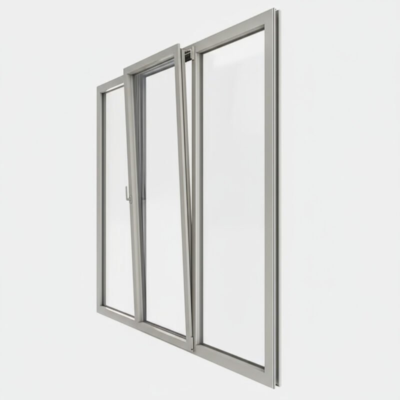 Porte-fenêtre alu 1 vantail + 2 fixes – ouverture oscillo-battante ouverte