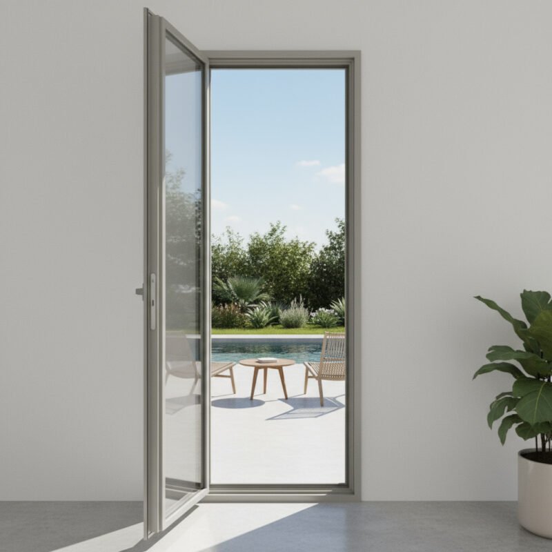 Porte-fenêtre alu 1 vantail – ouverture à la française ouverte dans un décore Porte-fenêtre alu 1 vantail – ouverture à la française ouverte dans un décore