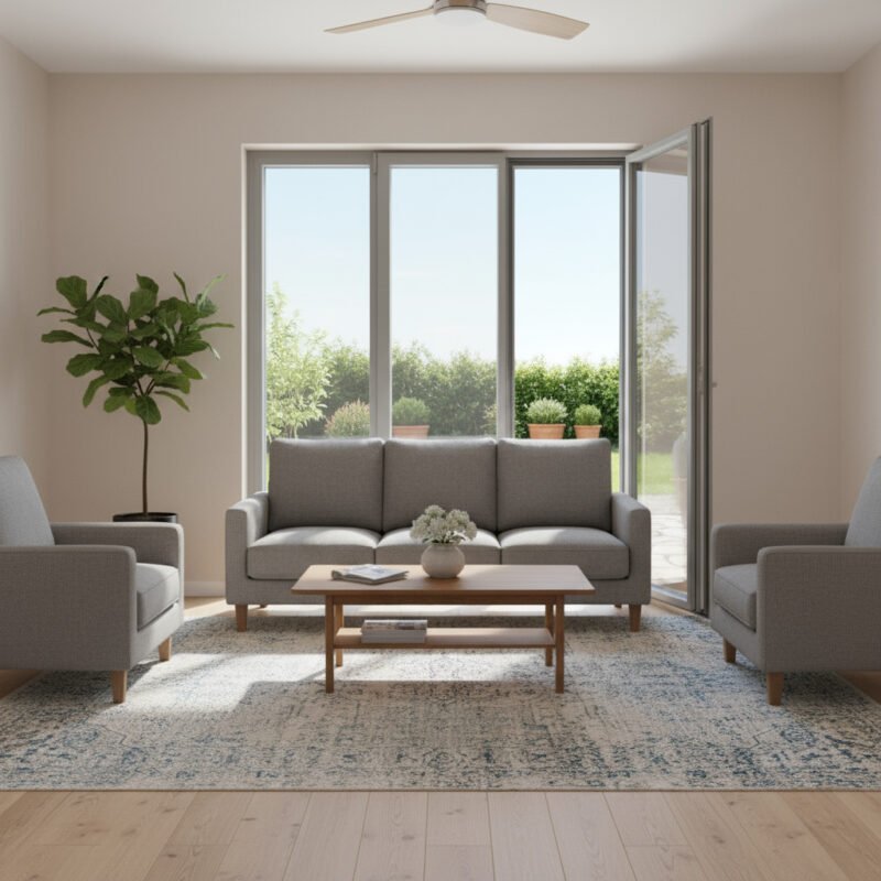 Porte-fenêtre alu 2 vantaux + 1 fixe – ouverture à la française dans un décore