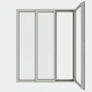 Porte-fenêtre alu 2 vantaux + 1 fixe – ouverture à la française ouverte